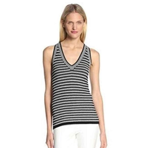 Nanette Lepore Rib Knit Tank Top Black White Striped V Neck Shirt Women’s Small - Picture 1 of 7